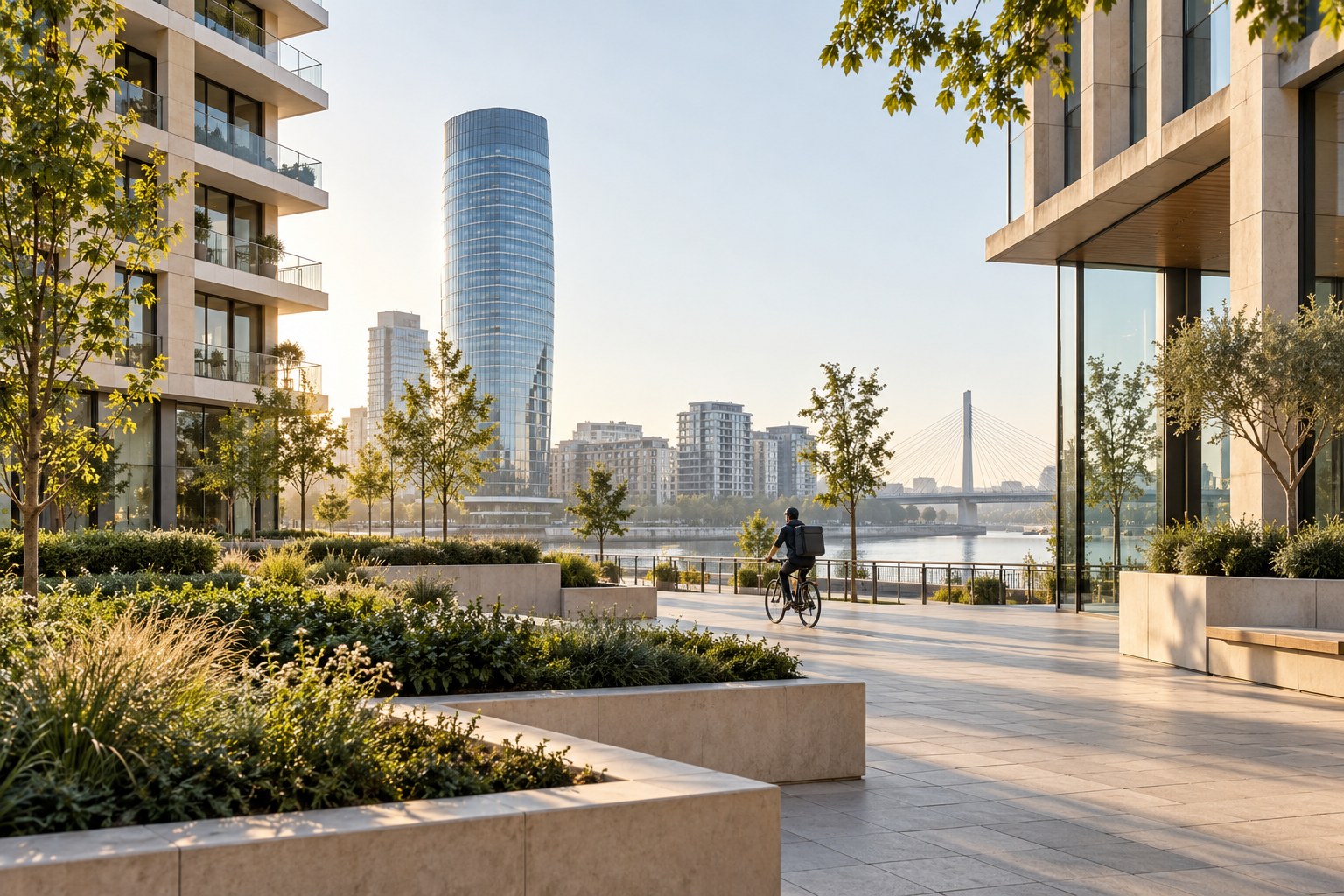 Modern architecture, landscaped spaces and a bicycle courier — illustrative urban scene